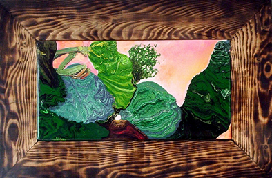 peintures glycérophtaliques, bois brulé collage sur toile 50x75cm coll. privée.